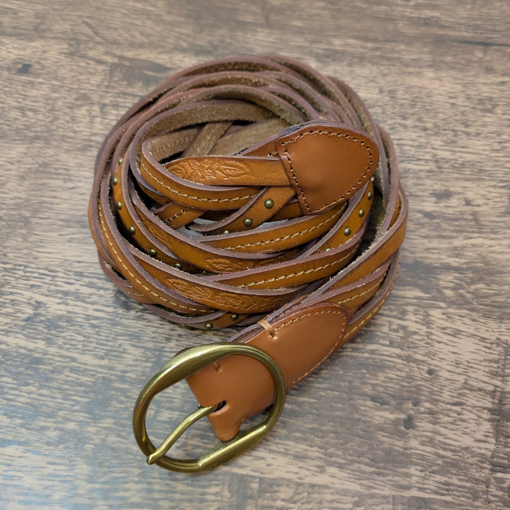 Coldwater Creek Leather Braided Belt Tooled Floral Studded Brown L/XL Western